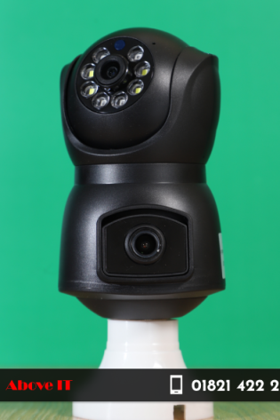 Buy V380 E9 Black Dual Lens Bulb Holder Camera in Bangladesh. Features dual-lens panoramic coverage, HD video, night vision, two-way audio & app control. Easily installs in E27 bulb socket. Ideal for home & office security.