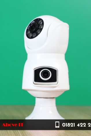 Buy V380 E9 White Dual Lens Bulb Holder Camera in Bangladesh. Features full HD video, dual-lens 360° coverage, night vision, motion detection, and mobile app control. Installs easily in E27 bulb socket. Ideal for indoor home security.